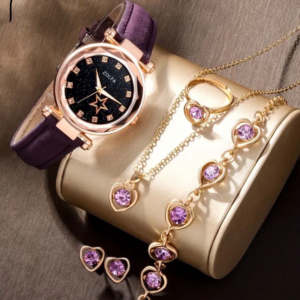 Chic 6pcs Women's Fashion Watch & Heart Rhinestone Jewelry Set